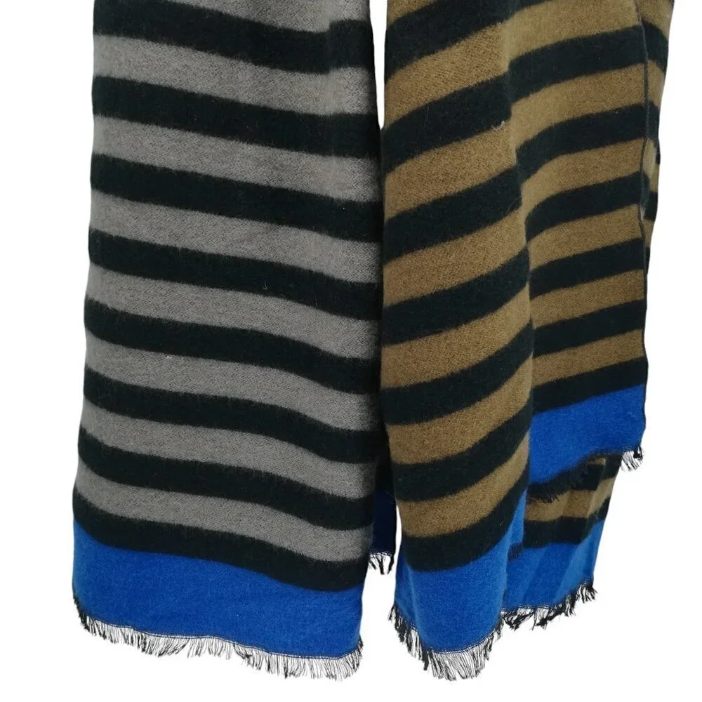 Free People Kellen Striped Scarf Wrap Oversized Fringe Brown Blue Gray Black